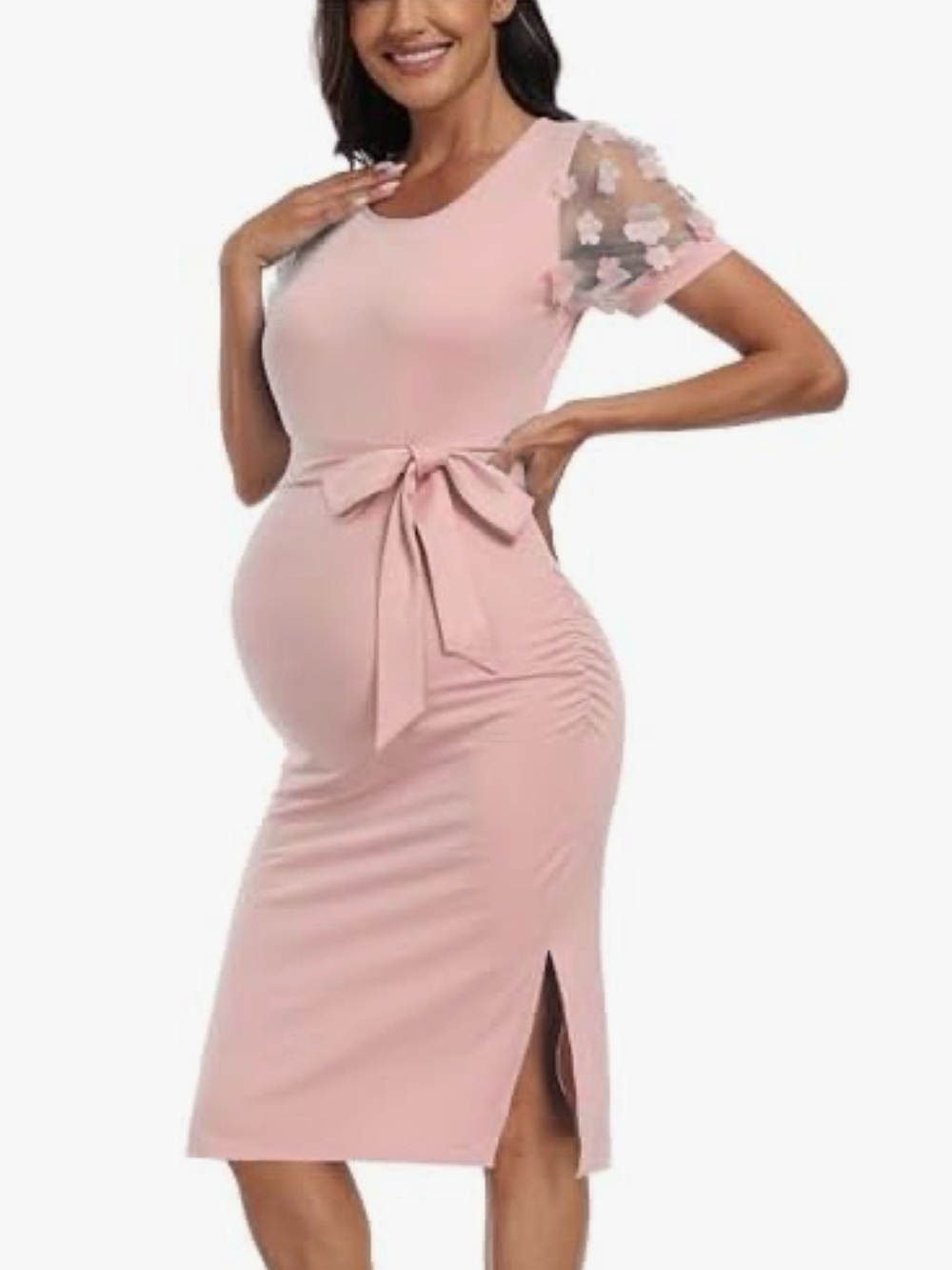 Floral Mesh Bishop Short Sleeve Maternity Midi-Dress, Side Split Pink Bodycon